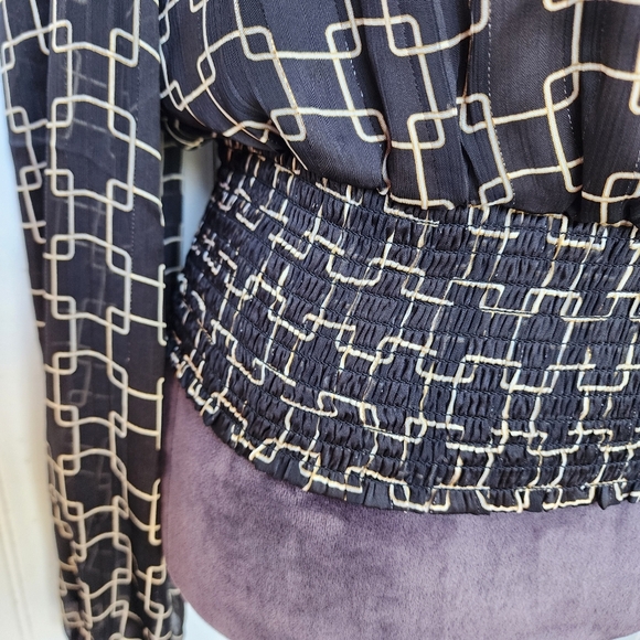 NWT Haver London Top Womens Black Beige Gold Flowy Puff Sleeve Smocked Waist S - Picture 3 of 15